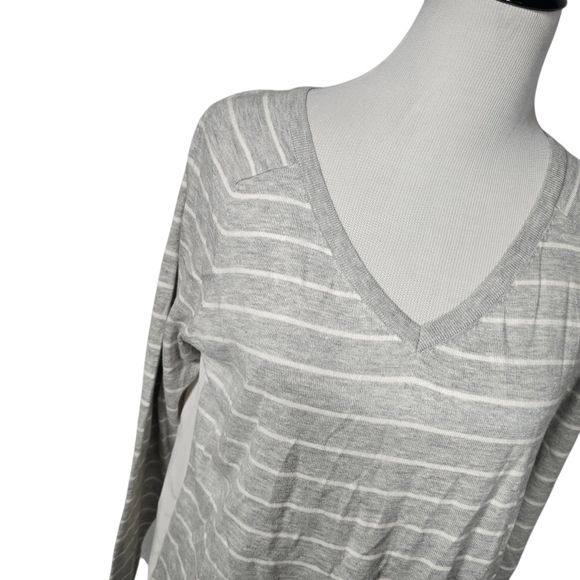 LOFT Medium Light Gray and Off-White Striped V-Neck Knit Front Blouse - Picture 2 of 8